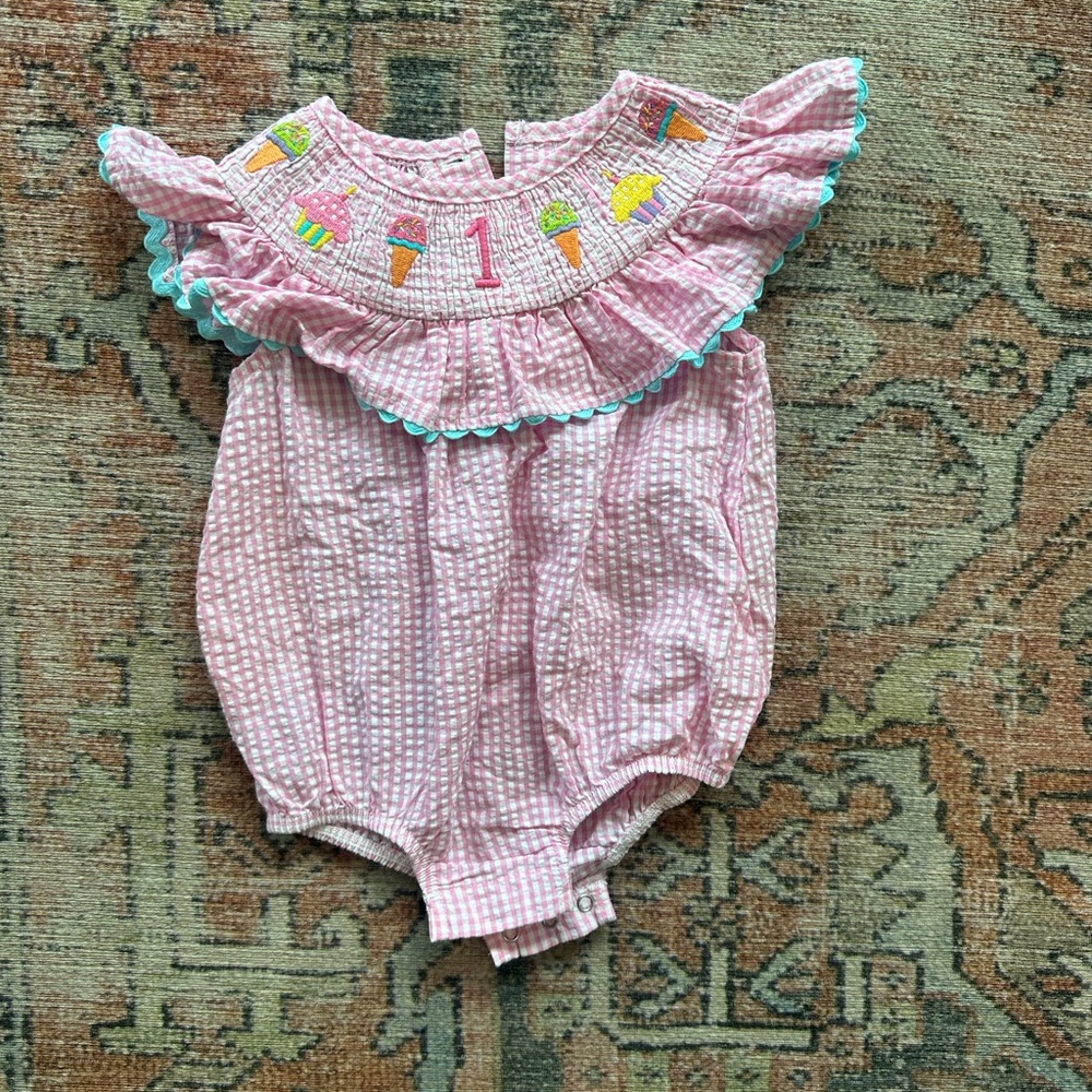 Mud Pie Pink Gingham First Birthday Baby Outfit with Embroidery